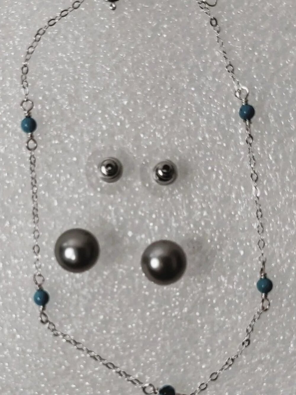 Sterling Silver 925 Ankle Bracelet w/ Turquoise Beads + Pearl Stud Earrings